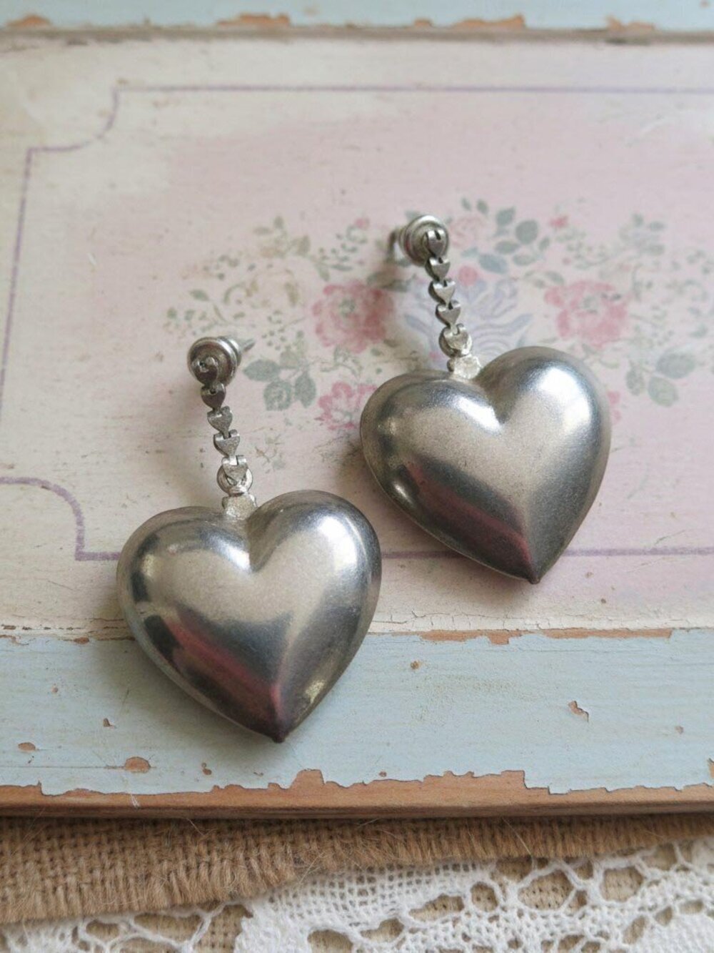 Vintage 80s 90s Retro Puffy Heart Pierced Earrings Dangle Drop Silver Metal